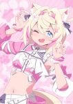  1girl ;d absurdres animal_ear_fluff animal_ears bandaid bandaid_hair_ornament belt black_shirt blonde_hair blue_eyes blush breasts center_frills claw_pose collared_shirt commentary_request cropped_shirt crossed_bangs detached_sleeves dog_ears dog_girl dog_tail double-parted_bangs fang frills hair_between_eyes hair_intakes hair_ornament hairband heart heart_background highres hinata_hirune hololive hololive_english hololive_idol_uniform_(color_rise) horn_hairband idol_clothes long_sleeves looking_at_viewer midriff mococo_abyssgard multicolored_hair multicolored_shirt nail_polish navel official_alternate_costume one_eye_closed open_mouth pants pink_background pink_hair pink_hairband pink_nails pink_shirt puffy_detached_sleeves puffy_long_sleeves puffy_sleeves shirt short_hair signature single_detached_sleeve single_sleeve skin_fang small_breasts smile solo streaked_hair tail two_side_up upper_body virtual_youtuber w_arms white_belt white_pants white_shirt x_hair_ornament 