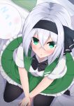  1girl absurdres arms_between_legs bangs black_bow black_bowtie black_hairband black_legwear blush bow bowtie crossed_bangs frills from_above full_body ghost grey_hair hair_between_eyes hairband highres konpaku_youmu konpaku_youmu_(ghost) looking_at_viewer open_mouth oreo_kirisame seiza short_hair sitting solo thighhighs touhou upturned_eyes v-shaped_eyebrows 