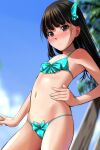  absurdres bare_arms bare_shoulders bikini black_hair blue_bikini blue_sky blurry blurry_background blush breasts brown_eyes closed_mouth cloud collarbone day depth_of_field highres long_hair looking_at_viewer matsunaga_kouyou navel nose_blush original outdoors palm_tree polka_dot polka_dot_bikini sky small_breasts swimsuit tree 