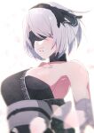  1girl 2b_(nier:automata) absurdres armpits bare_shoulders black_blindfold black_choker black_hairband blindfold breasts choker closed_mouth commentary grey_hair hairband highres kamitsune28rita large_breasts mole mole_under_mouth nier:automata nier_(series) short_hair smile solo upper_body white_background 