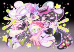  2girls absurdly_long_hair black_background black_dress black_hair black_haori black_shoes bow-shaped_hair breasts callie_(alterna)_(splatoon) callie_(splatoon) cat cross-shaped_pupils dress earrings full_body geta gradient_background grey_hair grey_kimono grey_pupils haori highres inkling japanese_clothes jewelry judd_(splatoon) kimono long_hair long_pointy_ears looking_at_viewer marie_(kimono)_(splatoon) marie_(splatoon) mole mole_under_eye multiple_girls obi obiage obijime octarian_(enemy) octotrooper official_alternate_costume one_eye_closed open_mouth orange_eyes pantyhose pointy_ears print_kimono sample_watermark sash seigaiha shoes short_hair small_breasts smile splatoon_(series) splatoon_2 splatoon_3 strapless strapless_dress swept_bangs symbol-shaped_pupils tabi tentacle_hair twintails two-tone_background very_long_hair watermark white_background white_pantyhose xiaoyunatie 
