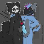 1:1 anthro big_penis bitz_(cosmic_horror) bodily_fluids changed_(video_game) cosmic_horror_(artist) duo frottage genitals hand_on_shoulder heart_symbol humanoid latex machine male male/male nervous penile penis penises_touching protogen puro_(changed) sex slightly_chubby sweat visor