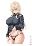  1girl aqua_eyes bismarck_(kancolle) black_panties black_sweater blonde_hair blush breasts clothes_lift cowboy_shot ebifurya highres kantai_collection large_breasts lifted_by_self long_hair looking_at_viewer panties ribbed_sweater solo sweat sweatdrop sweater sweater_lift turtleneck turtleneck_sweater twitter_username underwear white_background 