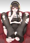  1girl bangs bare_shoulders black_hair black_legwear blush breasts cleavage feet hairband highres looking_at_viewer pantyhose pink_nails red_eyes sitting solo spy_x_family torn_clothes torn_legwear wd_(1106592840) yor_briar 
