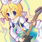  1girl 2000s_(style) album_cover ascot blonde_hair blue_eyes bow comiket_77 commentary_request cover electric_guitar fujisawa_eil full_body green_skirt guitar hair_bow headset holding holding_guitar holding_instrument holding_plectrum instrument jumping kagamine_rin long_sleeves looking_at_viewer lowres no_shoes open_mouth plectrum sailor_collar shirt short_hair skirt smile solo thighhighs vocaloid white_ascot white_bow white_sailor_collar white_shirt white_thighhighs yellow_background zoom_layer 