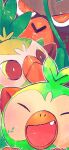  absurdres animal_focus bekobako bright_pupils brown_eyes close-up closed_eyes closed_mouth commentary_request evolutionary_line fang grookey highres leaf no_humans open_mouth orange_eyes orange_pupils outline pokemon pokemon_(creature) pokemon_focus rillaboom smile thwackey white_outline white_pupils 