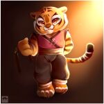  1:1 2022 anthro border bottomwear clothing dreamworks felid female fur gradient_background hi_res kung_fu_panda looking_at_viewer mammal master_tigress myoniis pantherine pants simple_background smile solo striped_body striped_fur stripes tiger weapon white_border young 