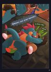 absurd_res anthro arm_grab ball_fondling balls balls_touching belly bodily_fluids chespin croconaw duo english_text fondling generation_2_pokemon generation_6_pokemon genitals gralicbutter hi_res lying male male/male nintendo on_back on_front pinned pokemon pokemon_(species) profanity sweat text
