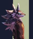  1boy animal_ear_piercing body_fur brown_jacket closed_mouth from_side furry green_eyes hands_in_pockets highres jackal_boy jacket looking_at_viewer male_focus seth_(housamo) solo sora-ya_(uya_kyo) tokyo_afterschool_summoners twitter_username 