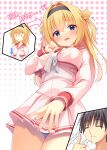  1boy 1girl ^^^ aged_up anniversary aria_(koiiroharemoyou) aroused_nosebleed arrow_(symbol) black_hair black_hairband blonde_hair blue_eyes blush blush_stickers breasts brother_and_sister chitose_haruki chitose_sana closed_mouth commentary_request covered_nipples covering_crotch covering_privates cowboy_shot crossed_bangs d: double_bun embarrassed english_text eyes_visible_through_hair fingernails flying_sweatdrops foreshortening from_below furrowed_brow hair_between_eyes hair_bun hair_intakes hairband hand_up highres large_breasts long_hair long_sleeves looking_at_viewer miniskirt open_mouth panties panty_peek pink_serafuku pink_shirt pink_skirt pleated_skirt polka_dot polka_dot_background red_sailor_collar sailor_collar school_uniform serafuku shirt short_hair siblings simple_background skirt smile solo_focus straight_hair tenshinranman thumbs_up two_side_up underwear white_background white_panties |_| 
