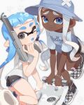  2girls ass black_shorts bloblobber_(splatoon) blue_eyes blue_hair dark-skinned_female dark_skin dolphin_shorts grey_eyes grey_hair grey_hat gun hashtag-only_commentary hat highres holding holding_gun holding_weapon inkling inkling_girl inkling_player_character long_hair looking_at_viewer multiple_girls n-zap_(splatoon) octoling octoling_girl octoling_player_character one_eye_closed pointy_ears sabata_saba shirt shoes shorts splatoon_(series) splatoon_3 tearing_up tentacle_hair thick_eyebrows weapon white_background white_shirt 