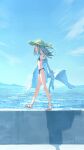  1girl ^_^ absurdres bare_legs bikini black_bikini blush bow closed_eyes full_body gakuen_idolmaster hat hat_bow highres idolmaster ika_maguro long_hair outdoors robe sandals shinosawa_hiro smile solo straight_hair straw_hat swimsuit walking white_bow white_robe 