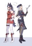  2girls :d animal_ears black_hair black_jacket black_pants black_shoes blunt_bangs boots bow bowtie brown_hat commentary cosplay costume_switch cuffs dress ear_bow fenomeno_(umamusume) fenomeno_(umamusume)_(cosplay) flipped_hair from_side gloves gold_ship_(umamusume) gold_ship_(umamusume)_(cosplay) handcuffs hat high_heel_boots high_heels horse_ears horse_girl horse_tail horseshoe_print jacket long_hair long_sleeves multiple_girls pants pantyhose peaked_cap pillbox_hat purple_eyes red_bow red_bowtie red_dress shoes simple_background sleeveless sleeveless_dress smile striped_hat tail tail_through_clothes umamusume usami_(pu_vo4) white_background white_gloves white_pantyhose white_shoes 