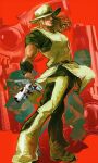  1other 2boys absurdres boingo book brown_hair cigarette commentary_request cowboy_hat emperor_(stand) green_shirt gun handgun hanged_man_(stand) hat highres hol_horse holding holding_book holding_gun holding_weapon jojo_no_kimyou_na_bouken long_hair male_focus monochrome_background motion_lines mouth_hold multiple_boys pants pelvic_curtain red_background revolver scared shirt short_sleeves smile stand_(jojo) stardust_crusaders tank_top teeth thoth_(stand) uu0000322 weapon weapon_background wristband yellow_hat yellow_pants yellow_tank_top 