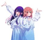  2girls blue_skirt blush bow hair_bow hand_up hirayama_kanna hoshino_ai kanojo_okarishimasu long_hair looking_at_viewer multiple_girls open_mouth oshi_no_ko pink_eyes pink_hair purple_eyes purple_hair sakurasawa_sumi simple_background skirt smile takahashi_rie white_background 