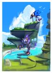  1boy 1girl absurdres animal_ears armor blaze_the_cat blue_sky caliburn_(sonic) cat_ears cat_girl cat_tail fish furry furry_female hand_on_own_hip hedgehog_boy highres holding holding_sword holding_weapon knight leaning_forward legochet looking_at_another percival_(sonic) rapier rock sky sonic_(series) sonic_and_the_black_knight sonic_the_hedgehog sword tail water waterfall weapon 