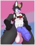  absurd_res animal_genitalia animal_penis balls border canid canine canine_genitalia canine_penis fox genitals grey_border harness harness_only hi_res low-angle_view male mammal penis pokusa pride_color_flag solo tongue tongue_out whippedmint 