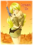  1girl 2001 bad_id blonde_hair blue_eyes brown_shirt brown_skirt closed_mouth congratulations cowboy_shot crop_top desert finger_on_trigger fringe_trim gun holding holding_gun holding_weapon holster long_hair looking_at_viewer milestone_celebration off-shoulder_shirt off_shoulder one_eye_closed orange_background orange_sky original outdoors revolver shirt skirt sky smile smoke smoking_barrel solo sunset tachibana_sakuya_(matsurika) weapon 