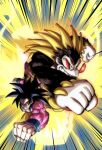  2boys alternate_form big_hair black_fur black_hair blue_sash charging_forward commentary crossover donkey_kong donkey_kong_(series) donkey_kong_bananza dragon dragon_ball dragon_ball_gt dragon_fist_(dragon_ball) eastern_dragon emphasis_lines english_commentary furry furry_male gold_scales gold_skin golden_dragon gorilla highres incoming_attack kartunicban kong_bananza looking_at_viewer male_focus monkey_boy monkey_tail multiple_boys muscular muscular_male necktie open_mouth outstretched_arms pants pectorals red_fur red_necktie saiyan sash son_goku spiked_hair super_saiyan super_saiyan_4 tail teeth yellow_eyes yellow_pants yellow_scales 