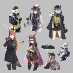  2boys 6+girls :t absurdres animal animal_ears arknights arm_behind_back backpack bag baseball_cap black_coat black_gloves black_hat black_jacket black_shoes black_shorts black_skirt blue_hair blue_shirt breasts brown_gloves brown_hair brown_pantyhose brown_thighhighs burger cat_ears cat_girl cat_tail ch&#039;en_(arknights) ch&#039;en_the_holungday_(arknights) chewing chongyue_(all-round_actor)_(arknights) chongyue_(arknights) cleavage click_(arknights) coat coat_on_shoulders cropped_legs delphine_(arknights) dragon_horns elbow_gloves eyewear_on_head fingerless_gloves food fox_ears fox_girl fox_tail franka_(arknights) gloves grey_background gun hat highres holding holding_animal holding_burger holding_food holding_gun holding_weapon holster horns jacket jessica_(arknights) jessica_the_liberated_(arknights) jessica_the_liberated_(ride_to_davistown)_(arknights) kusami_toka_naku_au long_hair looking_to_the_side mask mouse_ears mouse_tail multicolored_hair multiple_boys multiple_girls orange-tinted_eyewear orange_eyes orange_hair outline pantyhose parted_bangs pink_hair playing_with_own_hair purple_eyes purple_hair rabbit_ears ray_(arknights) red-tinted_eyewear sandbeast_(arknights) sattou_(style) shirt shoes short_hair shorts simple_background single_leg_pantyhose single_thighhigh skirt squatting streaked_hair tail thighhighs tinted_eyewear track_jacket u-official_(arknights) ulpianus_(arknights) very_long_hair visor_cap weapon white_coat white_hair white_hat white_jacket wiping_mouth yellow_gloves yellow_shirt 