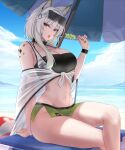  1girl absurdres animal_ears arknights arm_support ball bare_shoulders beach beach_umbrella beachball black_collar blue_sky breasts cat_ears cleavage cloud collar day eyewear_on_head feet_out_of_frame food green_eyes green_skirt groin hand_up highres holding holding_food kal&#039;tsit_(arknights) kanta_(kanta_077) large_breasts long_hair looking_at_viewer microskirt midriff navel off_shoulder official_alternate_costume open_mouth oripathy_lesion_(arknights) outdoors popsicle sitting skirt sky solo stomach strapless sunglasses thighs tongue tongue_out tube_top umbrella white_hair wristband 