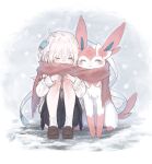 2024 ambiguous_gender blush blush_lines bow_(anatomy) duo eeveelution eyes_closed female feral fur generation_6_pokemon hair hi_res human mammal momu_shi_36 nintendo paws pink_body pink_fur pokemon pokemon_(species) ribbons_(anatomy) scarf sharing_clothing sharing_scarf sitting snow sylveon tail white_body white_fur white_hair