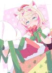  1girl :t absurdres animal_ear_fluff animal_ears bandaid bandaid_hair_ornament belt black_belt blonde_hair blue_eyes blush boots bound bound_wrists christmas commentary_request crossed_bangs dog_ears dog_girl dog_tail double-parted_bangs dress feet_out_of_frame fur-trimmed_boots fur-trimmed_dress fur_trim hair_between_eyes hair_intakes hair_ornament hairband hat highres hinata_hirune hololive hololive_christmas_outfit hololive_english horn_hairband looking_at_viewer mococo_abyssgard multicolored_hair off-shoulder_dress off_shoulder official_alternate_costume pink_hair pink_hairband pout red_dress red_hat red_thighhighs ribbon ribbon_bondage santa_costume santa_dress santa_hat short_dress short_hair signature snowflake_background solo streaked_hair tail thighhighs two_side_up virtual_youtuber white_boots x_hair_ornament 