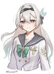  black_hairband blue_pupils blush bow bowtie buttons closed_mouth double-breasted firefly_(honkai:_star_rail) firefly_(spring_missive)_(honkai:_star_rail) gradient_hair green_bow green_bowtie grey_hair grey_ribbon grey_sailor_collar hair_between_eyes hair_intakes hair_ornament hair_ribbon hairband highres honkai:_star_rail honkai_(series) kyanonpan50 multicolored_eyes multicolored_hair ribbon sailor_collar school_uniform serafuku simple_background smile two-tone_eyes upper_body white_background 