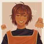  1boy :d arms_at_sides black_shirt border brown_background brown_eyes brown_hair chromatic_aberration commentary dark-skinned_male dark_skin double-parted_bangs elisstarrr english_commentary film_grain grey_border grid_background grin hair_between_eyes kel_(faraway)_(omori) kel_(omori) lips looking_at_viewer male_focus milestone_celebration omori orange_tank_top outline outside_border shirt simple_background smile star_(symbol) straight-on tank_top upper_body white_outline white_trim 