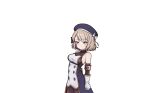  &gt;:( 1girl azur_lane bare_shoulders beret blue_dress blue_hat bodysuit bodysuit_under_clothes bow breasts brown_bodysuit brown_hair brown_sleeves closed_mouth detached_sleeves dress gloves grey_gloves hair_bow hat hat_bow highres light_frown long_sleeves looking_to_the_side medium_breasts purple_eyes rock_zinc simple_background sleeveless sleeveless_dress solo striped_bow v-shaped_eyebrows white_background white_bow z23_(azur_lane) 