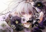  1girl arm_up bandaged_arm bandages black_choker black_flower black_hair choker closed_mouth collarbone commentary cross-laced_clothes cross-laced_top double-parted_bangs empty_eyes flower flower_(vocaloid) flower_(vocaloid3) grey_shirt hair_between_eyes highres light_frown long_hair long_sleeves looking_at_viewer messy_hair multicolored_hair pink_eyes portrait see-through_clothes see-through_sleeves shirt simple_background single_sleeve solo straight-on streaked_hair two-tone_hair um1227_l vocaloid white_background white_flower white_hair 