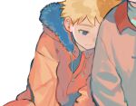  2boys animification blonde_hair blue_eyes brown_jacket buttons closed_mouth collared_jacket cuf_nayl fur-trimmed_hood fur_trim half-closed_eyes hood hooded_jacket jacket kenny_mccormick leaning_on_person long_sleeves male_focus messy_hair multiple_boys orange_jacket shirt short_hair simple_background sitting solo_focus south_park stan_marsh white_background white_shirt 