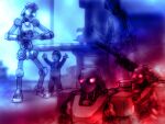  1girl blue_eyes child combot_(tekken) game_cg glowing glowing_eyes helmet holding holding_plate humanoid_robot joints marching mechanical_arms military official_art plate red_eyes robot robot_joints tekken tekken_4 