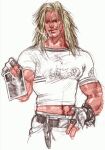  1boy belt blonde_hair bracelet cigarette facial_hair fingerless_gloves gloves hand_on_own_hip holding holding_photo jewelry kawano_takuji long_hair male_focus messy_hair midriff_peek mishima_kazuya muscular official_art paul_phoenix photo_(object) ring shirt simple_background smoking solo sunglasses t-shirt tekken tekken_4 watch white_background 
