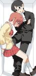  1boy 1girl against_wall black_eyes black_hair black_shoes blush box cramped crossed_arms gakuran glasses hetero highres in_box in_container korean_commentary long_sleeves nichijou ooo8_q open_mouth pleated_skirt red_eyes red_hair red_skirt sailor_collar sasahara_koujirou school_uniform shoes short_hair skirt socks sweat tachibana_misato tokisadame_school_uniform white_sailor_collar white_socks 