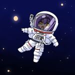  1girl :o astronaut black_hairband boots chibi commentary_request full_body gloves hair_between_eyes hairband helmet highres honkai_(series) honkai_impact_3rd mokkyo_(motkyo) open_mouth orange_eyes purple_hair sirin solo space space_helmet spacesuit star_(sky) white_boots white_gloves 