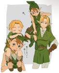  2boys ? aged_down asa8720 bare_shoulders belt blonde_hair blue_eyes blush blush_stickers boots border brown_belt brown_boots brown_gloves brown_hair carrying carrying_person champion&#039;s_tunic_(zelda) child closed_eyes closed_mouth collared_tunic cowboy_shot dual_persona fingerless_gloves gauntlets gloves green_boots green_hat green_shirt green_tunic grey_background hair_between_eyes hand_on_another&#039;s_head hand_on_own_hip hand_up hat highres layered_sleeves link long_sleeves looking_at_another male_focus multiple_boys multiple_views open_mouth outside_border pants piggyback pointy_ears shirt short_hair short_over_long_sleeves short_sleeves simple_background sleeping sleeveless sleeveless_shirt smile standing teeth the_legend_of_zelda torn_clothes torn_shirt translation_request tunic white_border white_pants white_shirt 
