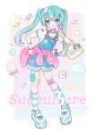  1girl :q asymmetrical_legwear bag bandaid bandaid_on_arm bandaid_on_knee bandaid_on_leg blue_eyes blue_hair blue_nails blue_overalls blue_shoes blue_socks blush bracelet candy closed_mouth food full_body hair_bobbles hair_ornament hand_up hashtag-only_commentary hatsune_miku highres jewelry lollipop long_hair looking_at_viewer mismatched_legwear musical_note musical_note_print nagihoko nail_polish overalls print_socks shirt shoes short_sleeves smile socks solo standing striped_clothes striped_socks swirl_lollipop tongue tongue_out twintails vocaloid w white_shirt white_socks wristband 