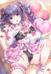  1girl black_bra black_panties blush bow bow_bra bow_panties bra breasts choker cleavage commentary_request drill_hair frills hair_bow hair_ornament hairclip heart jewelry kouta. lace-trimmed_bra lace-trimmed_panties lace_trim large_breasts long_hair long_sleeves looking_at_viewer lying on_back open_mouth original panties pillow pink_bow pink_choker pink_skirt purple_eyes purple_hair shirt skirt smile solo thighlet twin_drills twintails underwear 