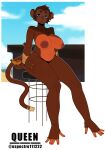 2025 anthro areola arm_wraps artist_name banana big_breasts black_clothing black_thong black_underwear breasts brown_areola brown_body brown_fur brown_nipples clothed clothing dipstick_tail espectro111222 eyebrows eyelashes female food frown fruit fur furniture half-closed_eyes haplorhine hi_res holding_banana looking_at_viewer mammal markings monkey multicolored_body multicolored_fur narrowed_eyes navel nipples plant primate sitting solo stool tail tail_markings tan_body tan_fur text thick_thighs thong topless twitter_handle two_tone_body two_tone_fur underwear wraps