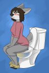 absurd_res anthro blush bodily_fluids bottomwear bottomwear_down breasts butt clothed clothing deer digital_media_(artwork) female fur genital_fluids grey_body grey_fur hair hands_between_legs hi_res looking_pleasured looking_up mammal notmypornaccount panties pants pants_down partially_clothed peeing rolled_up_sleeves sage_(notmypornaccount) shirt simple_background sitting smile solo sweater tail teeth text toilet toilet_use topwear underwear urine urine_stream watersports yellow_eyes