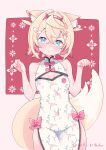  1girl absurdres alternate_costume animal_ear_fluff animal_ears bandaid bandaid_hair_ornament blonde_hair blue_eyes blush breasts china_dress chinese_clothes cleavage_cutout clothing_cutout commentary_request cowboy_shot crossed_bangs dog_ears dog_girl dog_tail double-parted_bangs dress embarrassed floral_print floral_print_dress hair_between_eyes hair_intakes hair_ornament hairband highres hinata_hirune hololive hololive_english horn_hairband looking_at_viewer mococo_abyssgard multicolored_hair paw_pose pink_hair pink_hairband pink_lips print_dress short_hair side_slit signature sleeveless sleeveless_dress small_breasts solo streaked_hair tail two_side_up virtual_youtuber white_dress x_hair_ornament 