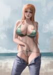  1girl bikini bikini_pull bikini_under_clothes breasts brown_eyes cleft_of_venus clothes_pull green_bikini highres huge_breasts lips long_hair looking_at_viewer multicolored_bikini nami_(one_piece) one_piece open_pants orange_hair pants pussy self_wedgie solo swimsuit two-tone_bikini wedgie zyl 