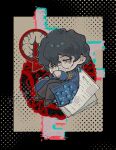  1boy absurdres armband bags_under_eyes black_armband black_border blue_coat blue_hair border chibi chibi_only coat crossed_bangs curled_up distortion distortion_(project_moon) full_body glasses halftone highres hohenheim_(project_moon) holding_own_hand kalliope_orc limbus_company lobotomy_corporation lobotomy_corporation_logo looking_at_viewer male_focus nail_(hardware) object_on_shoulder outside_border paper project_moon short_hair white_eyes yellow_background 