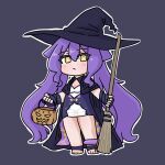  1girl black_cloak black_gloves black_hat blush breasts broom chibi cleavage cloak closed_mouth commentary_request dress fingerless_gloves full_body gloves grey_background hair_between_eyes halloween_bucket hat highres holding holding_broom honkai_(series) honkai_impact_3rd mokkyo_(motkyo) outline purple_eyes simple_background sirin small_breasts solo standing white_dress white_outline witch_hat yellow_eyes 