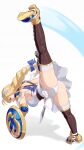  asymmetrical_dual_wielding blonde_hair blue_eyes boots braid breasts brown_boots dress dual_wielding full_body high_kick highres holding holding_shield holding_sword holding_weapon kicking large_breasts long_hair panties shield sophitia_alexandra soulcalibur soulcalibur_vi sword underwear weapon white_dress white_panties yagi2013 
