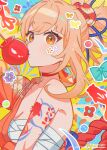  1girl arm_tattoo bandages blonde_hair bow breasts candy candy_apple chest_sarashi choker fish food genshin_impact hadanugi_dousa hair_ornament highres japanese_clothes kimono looking_at_viewer medium_breasts miz_(mi) orange_kimono outline ponytail sarashi single_bare_shoulder tattoo white_outline yellow_eyes yoimiya_(genshin_impact) 
