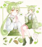  1girl ankle_boots blush boots cake cardigan commentary_request creature cup dango disposable_cup flower food green_boots green_cardigan green_flower green_hair green_shorts green_suspenders heart holding holding_food long_sleeves multiple_views neck_ribbon orange_eyes own_hands_together pea_pod pink_ribbon puffy_long_sleeves puffy_shorts puffy_sleeves ribbon shirt shorts spoken_heart suspender_shorts suspenders swiss_roll tententuyu twitter_username utau voiceroid voicevox wagashi white_shirt zundamon zundamon_(utau) 