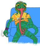 3_fingers anthro autofellatio baseball_cap bodily_fluids bottomless bottomless_male broto_faggins chameleon clothed clothing clothing_lift digital_media_(artwork) drooling drugs epic_games fellatio fingers flipaclip_(artwork) foreskin foreskin_play fortnite furniture genitals green_body green_skin hat headgear headwear joint_in_hand leaf leaf_hair lizard long_tongue male marijuana markings masturbation navel no_shading oral oral_masturbation orange_clothing orange_shirt orange_topwear penile penile_masturbation penis plant plant_hair pseudo_hair purple_wristband reptile saliva saliva_on_penis saliva_on_tongue scale_markings scales scalie sex shirt shirt_lift simple_background smoke smoking smoking_marijuana sofa solo tail text text_on_clothing text_on_shirt text_on_topwear tongue tongue_around_balls tongue_around_penis tongue_in_foreskin tongue_out tongue_out_fellatio topwear white_background yellow_clothing yellow_eyes yellow_shirt yellow_topwear ziggy_(fortnite)