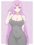  1girl absurdres arm_behind_back blush breasts cleavage closed_mouth collarbone covered_navel cowboy_shot dani_(angrymatthew) dongtan_dress duplicate eyebrows_hidden_by_hair eyes_visible_through_hair facial_mark facing_viewer fate/grand_order fate/stay_night fate_(series) forehead_mark highres large_breasts long_bangs long_hair looking_at_viewer medusa_(fate) medusa_(rider)_(fate) meme_attire out_of_frame parted_bangs playing_with_own_hair purple_background purple_eyes purple_hair smile solo standing very_long_hair 